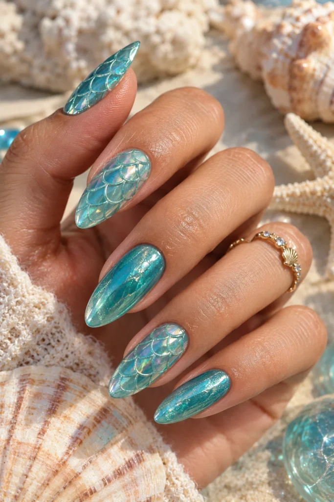 Turquoise mermaid nails with delicate scale detailing