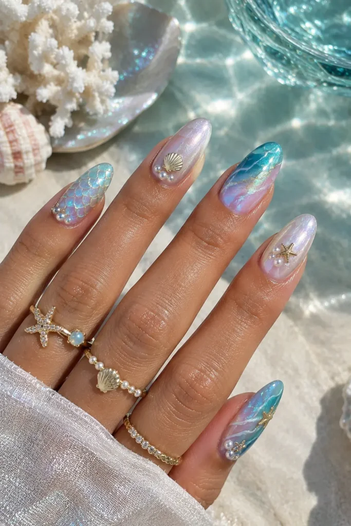 Mix-and-match manicure with shells, pearls, scales, chrome, and shimmer