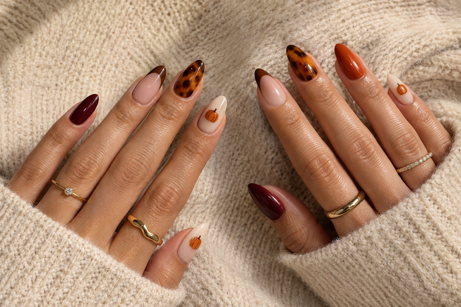 October nail ideas featuring burgundy polish, chocolate French tips, amber tortoiseshell, burnt orange, and pumpkin accents.